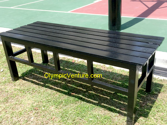 black wooden garden outdoor spectator bench.