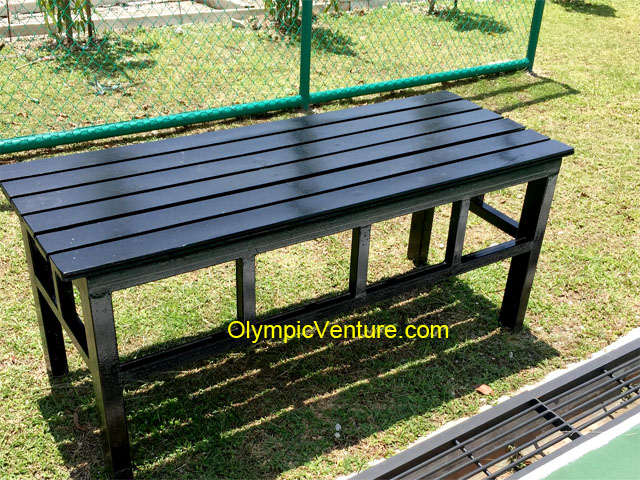 Another View of black wooden garden outdoor spectator bench.