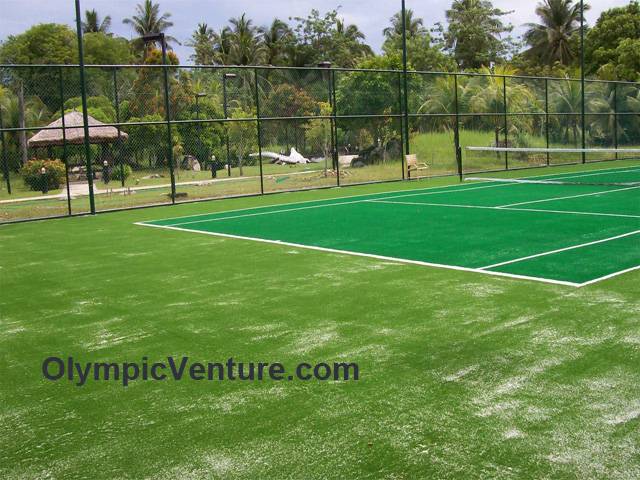 2 synthetic turf tennis courts using Tiger Turf for Pelangi Beach Resort and Spa.